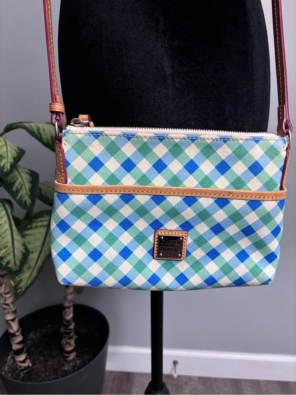 Dooney & Bourke Blue Green Gingham Crossbody with Tan Trim